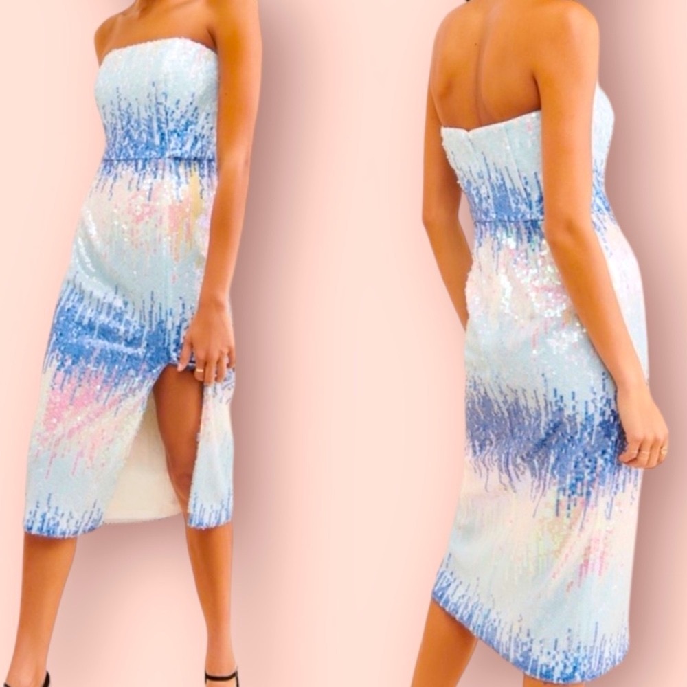 ML Monique Lhuillier x BHLDN Blue Mist Ombre 6 | Sm Blue Pink Strapless Formal